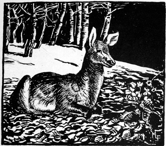 THE BOY WENT INTO THE FOREST WITH HIS BOW AND ARROWS. HE HAD NOT GONE FAR WHEN HE SAW A FAT YOUNG DEER, WHICH HE KILLED