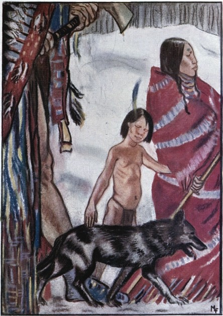 THE GIANT FROWNING ANGRILY, THE WOMAN CARRYING THE STICK AND THE BOY LEADING THE DOG