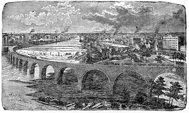 ST. ANTHONY FALLS IN 1886.  VIEW OF SUSPENSION BRIDGE ABOVE THE FALLS, AND ST. PAUL, MINNEAPOLIS & MANITOBA RAILWAY BRIDGE BELOW THE FALLS.