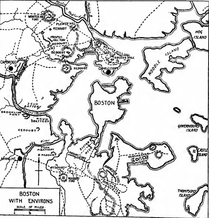 Boston with Environs During the Revolution (Based on map in G.O. Trevelyan, The American Revolution, Part I, at end).