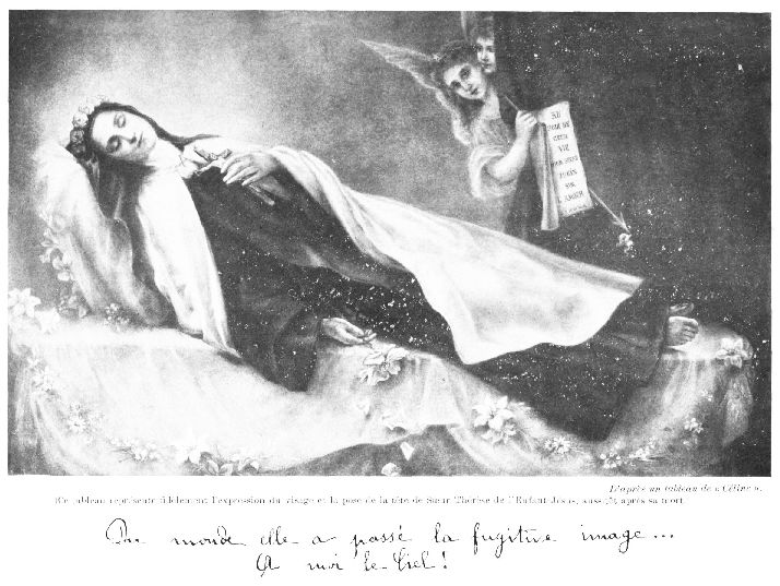 (Ce tableau représente fidèlement l'expression du visage et la pose de la tête de Sœur Thérèse de l'Enfant-Jésus, aussitôt après sa mort.)