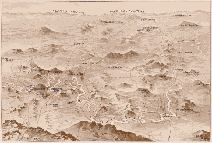 BIRD’S-EYE VIEW OF THE COUNTRY COVERED BY GENERAL BULLER’S OPERATIONS FOR THE RELIEF OF LADYSMITH.