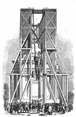 HOISTING THE STATUE TO THE TOP OF THE ARCH.  From the "Illustrated London News."