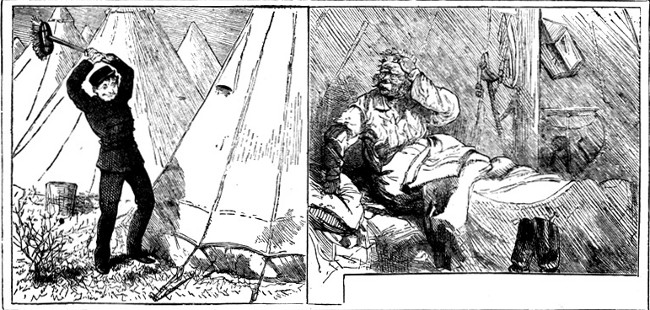 An ensign who thought he would wake up another ensign for a lark—But he mistook the tent.  From the "Graphic."—By A. C. Corbould.  SELECTED BY MR. LOUIS WAIN.