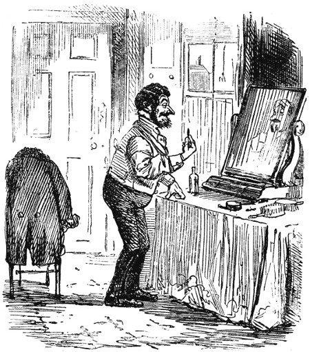 The Moustache Movement.—Old Mr. What's-His-Name: "Egad, I don't wonder at moustaches coming into fashion; for—eh? What? By Jove, it does improve one's appearance."  By John Leech in "Punch's Almanack," 1857.  SELECTED BY MR. CHARLES HARRISON.