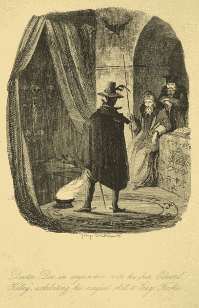 Doctor Dee, in conjunction with his Seer Edward Kelley, exhibiting his magical skill to Guy Fawkes