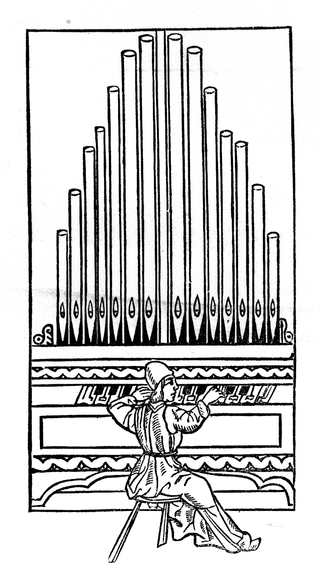 A CURIOUS ENGRAVING SHOWING AN ORGANIST PERFORMING UPON AN INSTRUMENT WITH BROAD KEYS. FROM FRANCHINUS GAFFURIUS' THEORICA MUSICA. 1492.