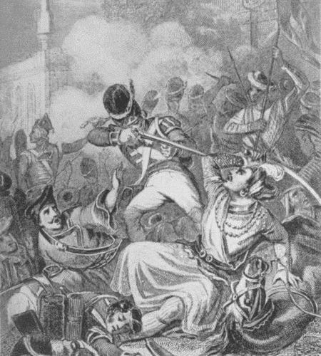 The death of Tippo-Sahib at the storming of Seringapatam.  From a painting by R. de Moraine.