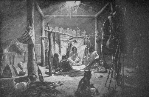 "THE INTERIOR OF THE HUT OF A MANDAN CHIEF"  Karl Bodmer, 1833