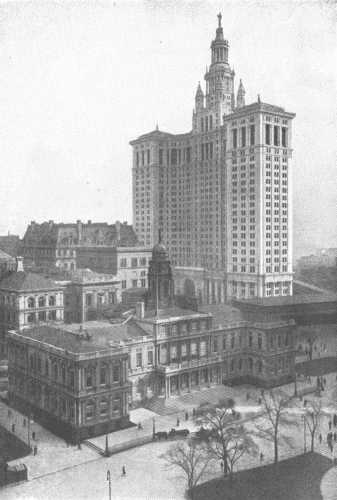 City Hall and Municipal Building, New York  The City Hall is in the foreground; the Municipal Building, containing additional office room for city officials, is the tallest building shown.