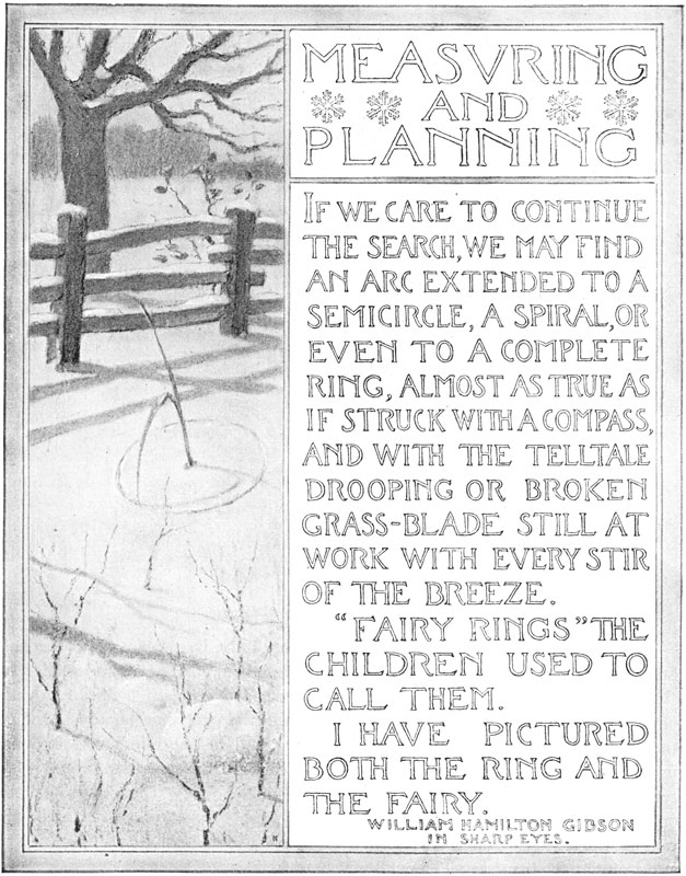 Measvring and Planning. If We Care to Continue the Search, We May Find an Arc Extended to a Semicircle, a Spiral, or Even to a Complete Ring, Almost As True As if Struck With a Compass, and With the Telltale Drooping or Broken Grass-Blade Still at Work With Every Stir of the Breeze. 'Fairy Rings' the Children Used to Call Them. I Have Pictured Both the Ring and the Fairy. William Hamilton Gibson in Sharp Eyes.