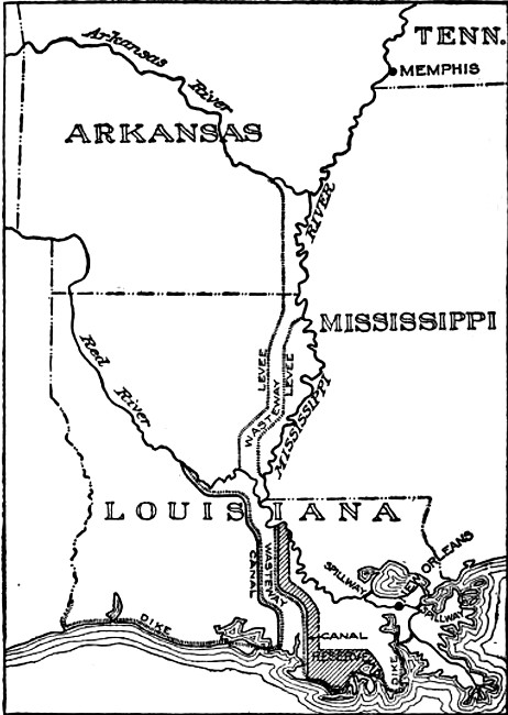 Map of Louisiana, showing the Great Controlled Outlet at Old River and the Atchafalaya Wasteway, Auxiliary Flood Water Channels and Canals; and showing also the Spillways and Controlled Wasteways from the Mississippi River to Lake Pontchartrain and Lake Borgne, and the Great Gulf Coast Dike.