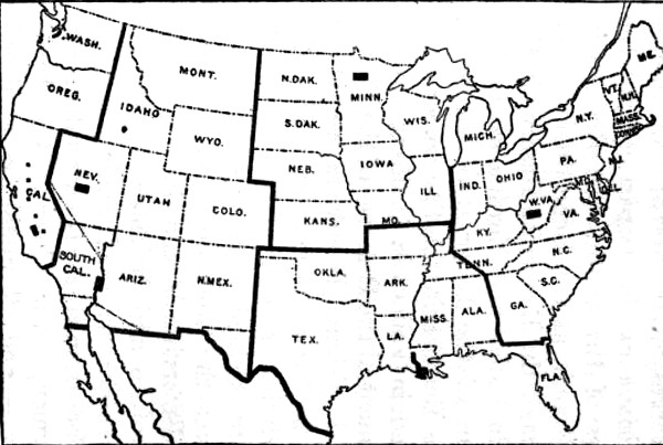 Map showing Territorial Divisions and Locations of the Departments of the National Homecroft Reserves. Also showing the Corrected Mexican Boundary Line and Neutral Zone between the United States and Mexico, and the New State of South California.