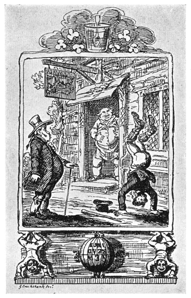 NEW READINGS. The Irishman tries to read a reversed sign by standing on his head. From "The Humourist," vol. iv., 1821.