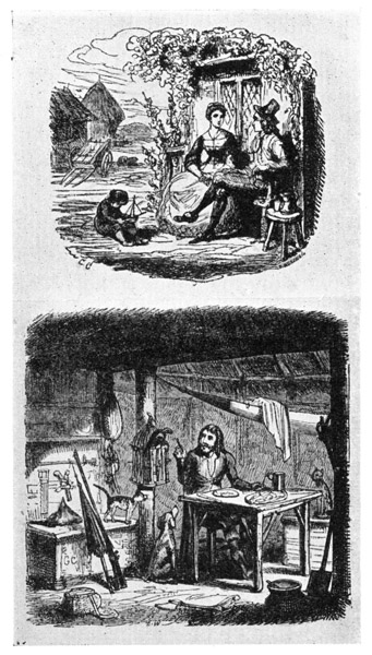 (a) CRUSOE'S FARMHOUSE.  (b) CRUSOE IN HIS ISLAND HOME.  From "Robinson Crusoe," 1831.