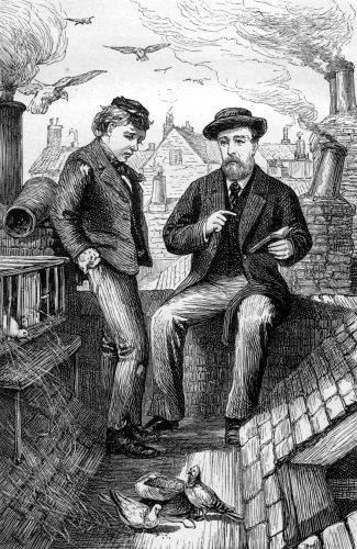 "He sprang out upon the roof of the house, and there, before the chimney stack, beside his pigeon house, sat the vanished one."