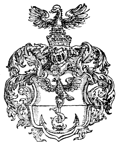 The Aldine Anchor, enclosed in a coat-of-arms, as used by Aldus Junior, 1575-1581. On some occasions, and always after the latter date, he used the anchor alone, sometimes without the word ALDVS.