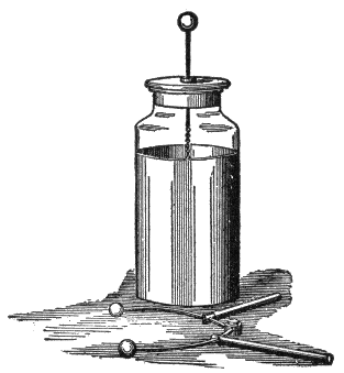 Lower 2/3rds of bottle is externally sheathed in metal. Metal rod enters through cork at bottle mouth.