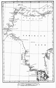 MAP OF COPPERMINE RIVER as surveyed by SIR JOHN FRANKLIN IN 1821 Scale—14½ miles in 1 inch References—t Observation for Latitude. O Observation for Longitude. Y Variation. T Dip. From Franklin's "Narrative of a Journey to the Shores of the Polar Sea"