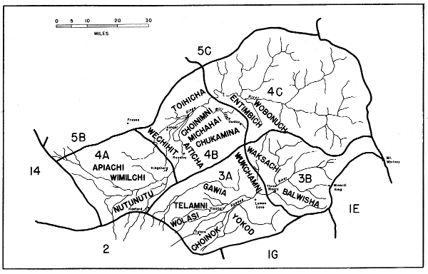 Map 3. Habitat areas 3A-4C: the basins of the Kaweah and Kings rivers, including the Yokuts and part of the Mono.