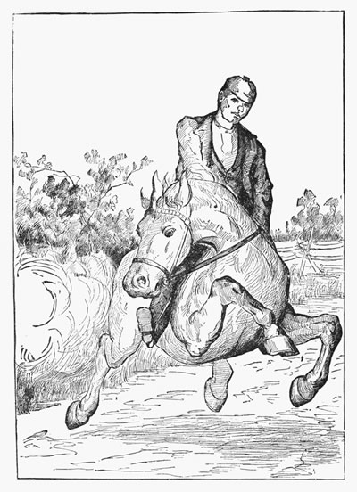 "From out the blackness of the hedge came a flash and a sharp report; my horse bounded under me, my left arm dropped helpless."—page 23.