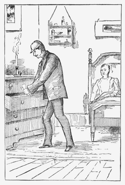 "Entering the room with evident caution, he nevertheless awoke the "dummy," who, turning lazily on his pillow, saw La Porte taking from a drawer something white,"—page 244.