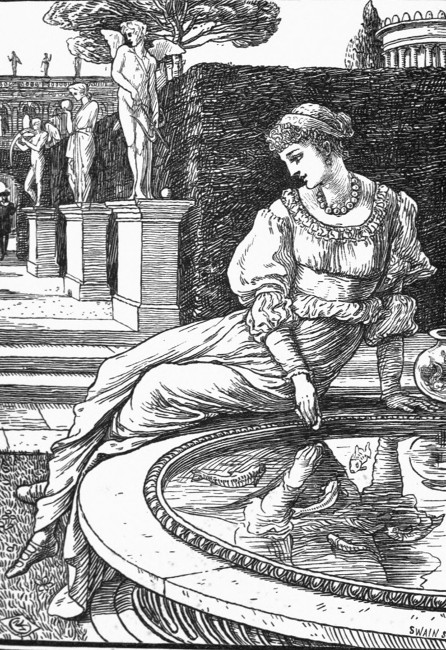 "She was in the garden, lying on the marble edge of a fountain, feeding the gold fish who swam in the water."—Frontispiece.