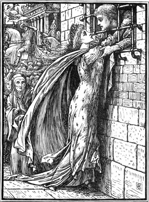 ——and ere they could stop her she had turned her palfrey's head towards the prison window, and pushed her white arms through the bars to clasp the Prince."—P. 128.