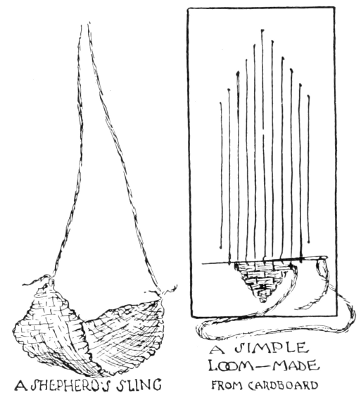 Fig. 14.—A SHEPHERD'S SLING, A SIMPLE LOOM—MADE FROM CARDBOARD