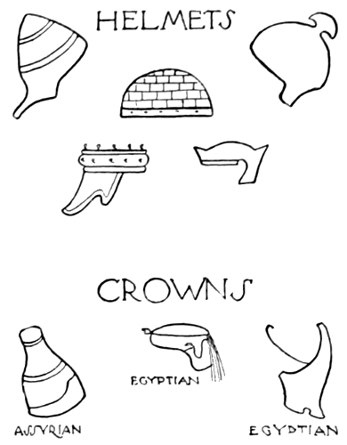 Fig. 22.—HELMETS, CROWNS, ASSYRIAN, EGYPTIAN, EGYPTIAN