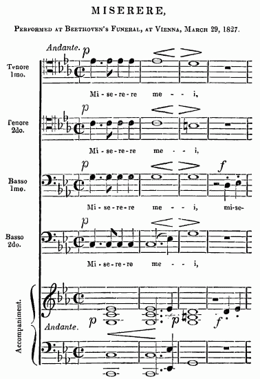 musical notation MISERERE, PERFORMED AT BEETHOVEN'S FUNERAL, AT VIENNA, MARCH 29, 1827. 