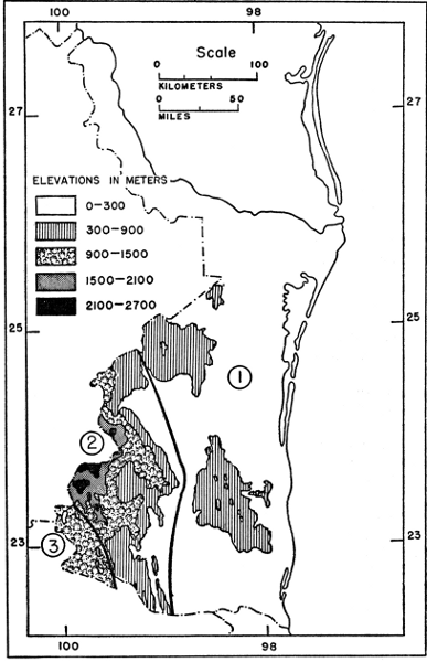 Fig. 1. Three physiographic regions: 1 Coastal Plain; 2  Sierra Madre Oriental; 3 Central Plateau.