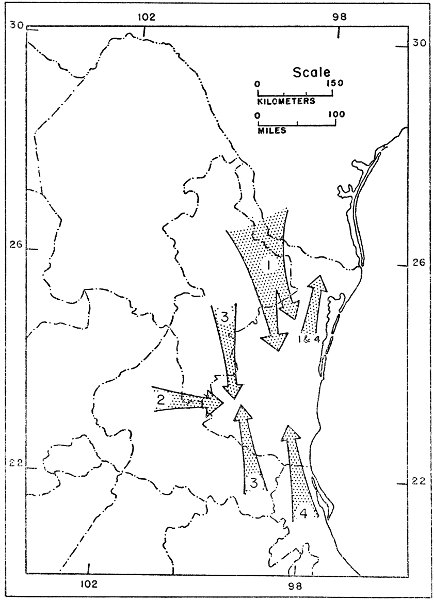 Fig. 3. Routes of movement: 1 Northern; 2 Trans-Plateau; 3 Montane; 4 Tropical.