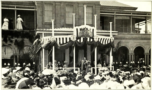 HIS EXCELLENCY SIR W. MacGREGOR ADDRESSING THE AUDIENCE