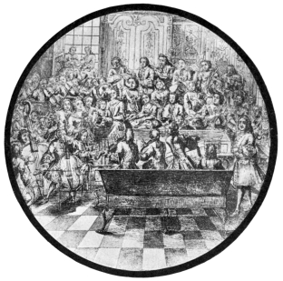 HANDEL DIRECTING AN ORATORIO.  Handel is seen (on the left) seated at a cembalo with two keyboards in the midst of his musicians. At his right hand he has the “concertino” group (consisting of the ’cellist, two violinists and two flautists). On his near left (quite close to the cembalo) are the vocal soloists. The rest of the instrumentalists are out of his sight.