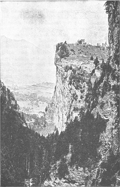 JOHANNISSTEIN, WITH RUINS OF CASTLE OF "HOHENRHÆTIA," NEAR THUSIS, GRAUBÜNDEN.  (From a Photograph.)