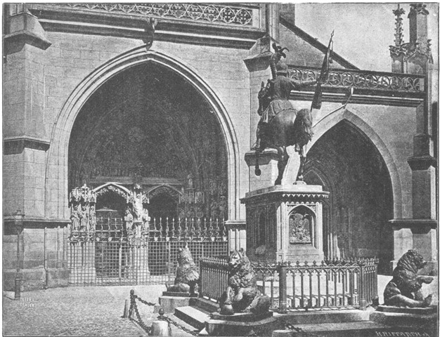 PORCH OF BERN MINSTER, WITH STATUE OF RUDOLF VON ERLACH.