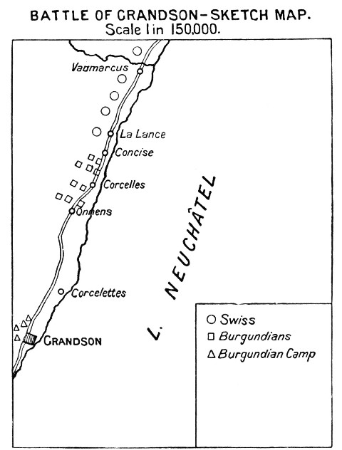 BATTLE OF GRANDSON—SKETCH MAP.  Scale 1 in 150,000.  MAP OF GRANDSON DISTRICT.