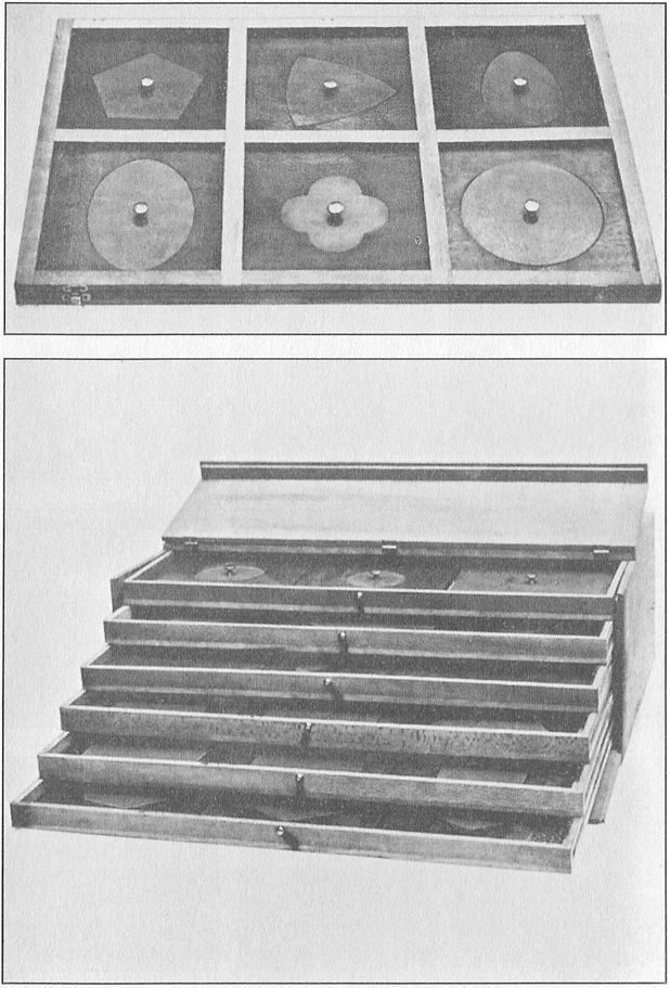 (A) GEOMETRIC INSETS OF WOOD, AND FRAME. The frame furnishes the control necessary for exactness of work.  (B) CABINET. (For storing geometric inset frames.)