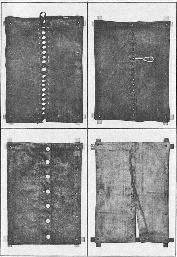 (A) LACING. (B) SHOE BUTTONING. (C) BUTTONING OF OTHER GARMENTS. (D) HOOKS AND EYES.  Frames illustrating the different processes of dressing and undressing.