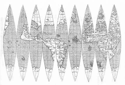 Terrestrial Globe of Robertas de Bailly, 1530. Nine of twelve gores exhibiting the map.