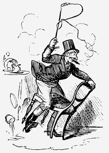 Cartoon-like drawing on a man, wearing fox hunting attire, straddling a chair and holding a whip.