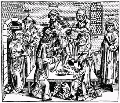 FIG. 12.—Jews Sacrificing a Christian Child. From Schedel’s “Liber Chronicarum.” Nuremberg, 1493.