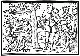 FIG. 19.—The Contest of Apollo and Pan. From Ovid’s “Metamorphoses.” Venice, 1518 (design, 1497).