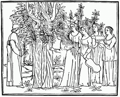 FIG. 28.—Poliphilo and the Nymphs. From the “Hypnerotomachia Poliphili.” Venice, 1499.