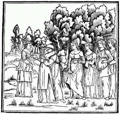 FIG. 30.—Poliphilo meets Polia. From the “Hypnerotomachia Poliphili.” Venice, 1499.