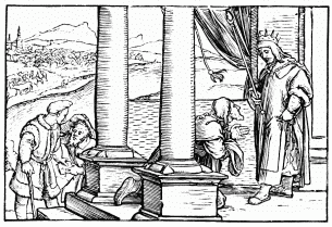 FIG. 54.—Nathan Rebuking David. From Holbein’s “Icones Historiarum Veteris Testamenti.” Lyons, 1547.