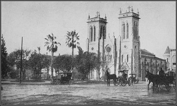 One of the little squares—and the big cathedral—San Antonio