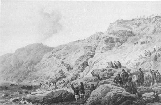 T. Picken, lith from a drawing by R. Dudley London, Day & Sons, Limited, Lith.  THE CLIFFS FOILHUMMERUM BAY, POINT OF THE LANDING OF THE SHORE END OF CABLE JULY 22ND.