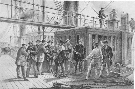 From a drawing by R. Dudley  London, Day & Sons, Limited, Lith.  SEARCHING FOR FAULT AFTER RECOVERY OF THE CABLE FROM THE BED OF THE ATLANTIC. JULY 31st.